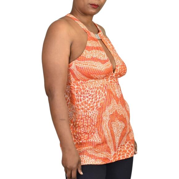 Trina Turk Halter Top Orange Metallic Tunic Keyhole Plunge Retro Y2K Size 6 - Picture 14 of 15